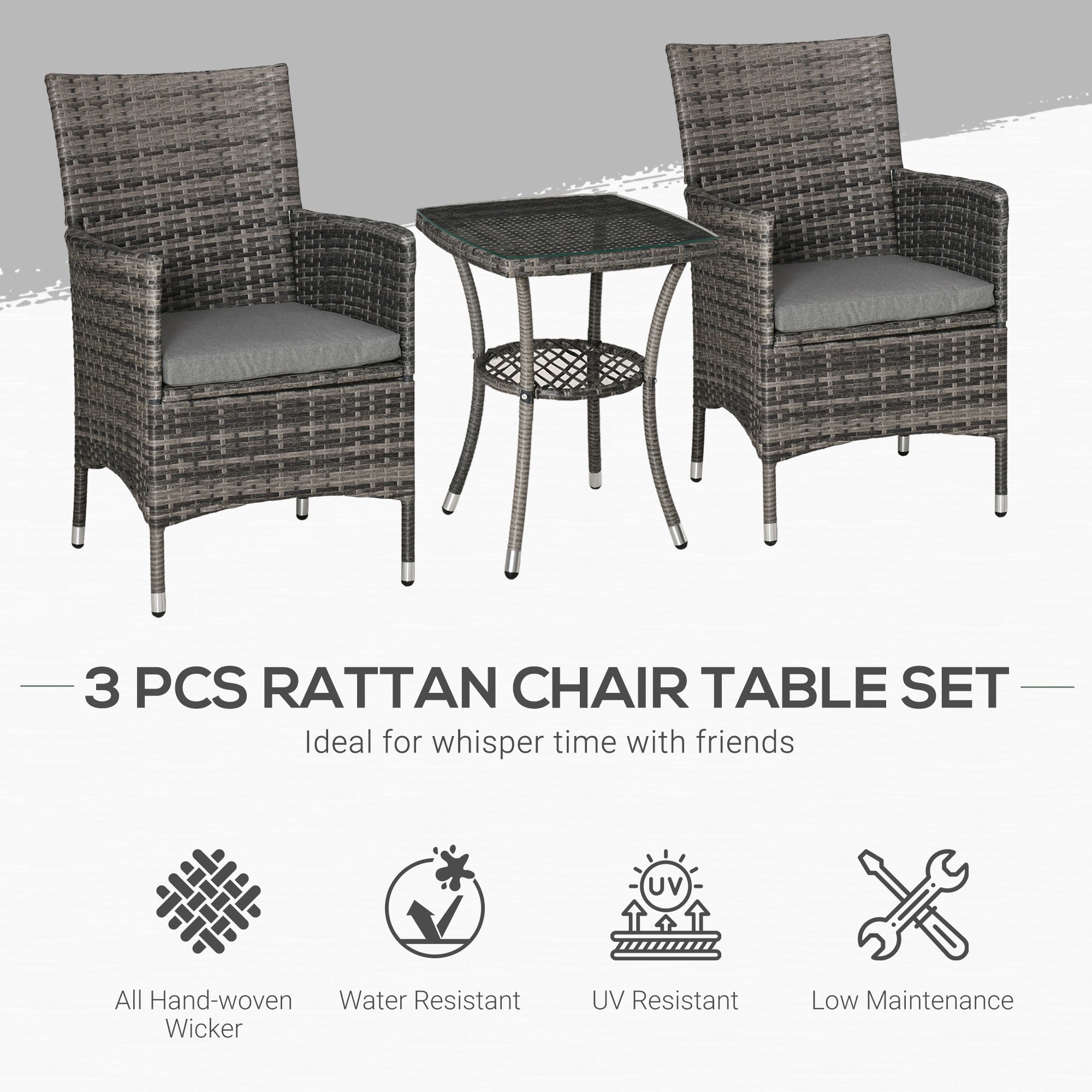 Outsunny Rattan Bistro Set 3PC Grey Armchair Glass Top Coffee Table Outdoor Patio Furniture Wicker Weave Garden Balcony 