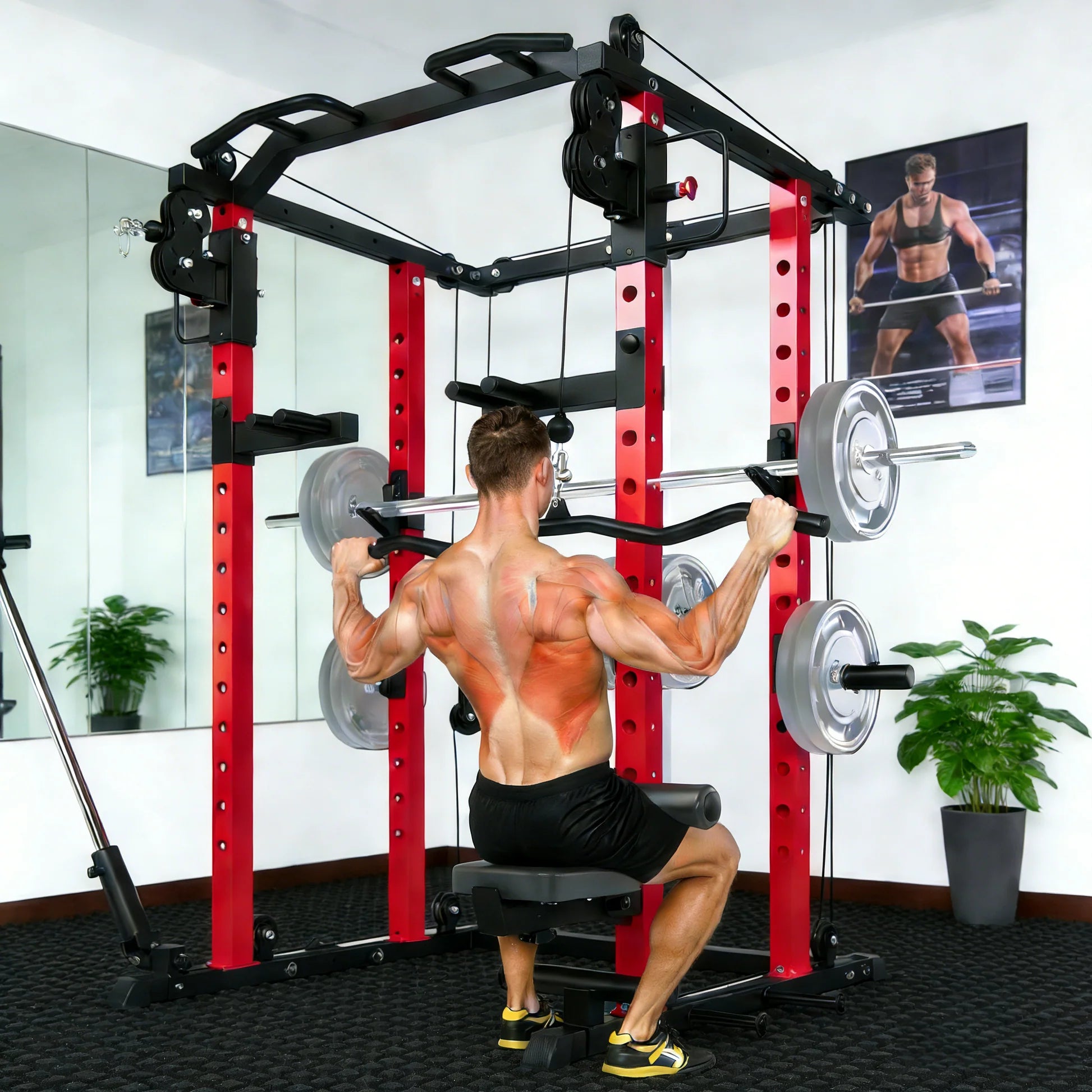 YODOLLA Power Squat Rack Cage with LAT Pulldown – Full Body Home Gym System (Black/Red)