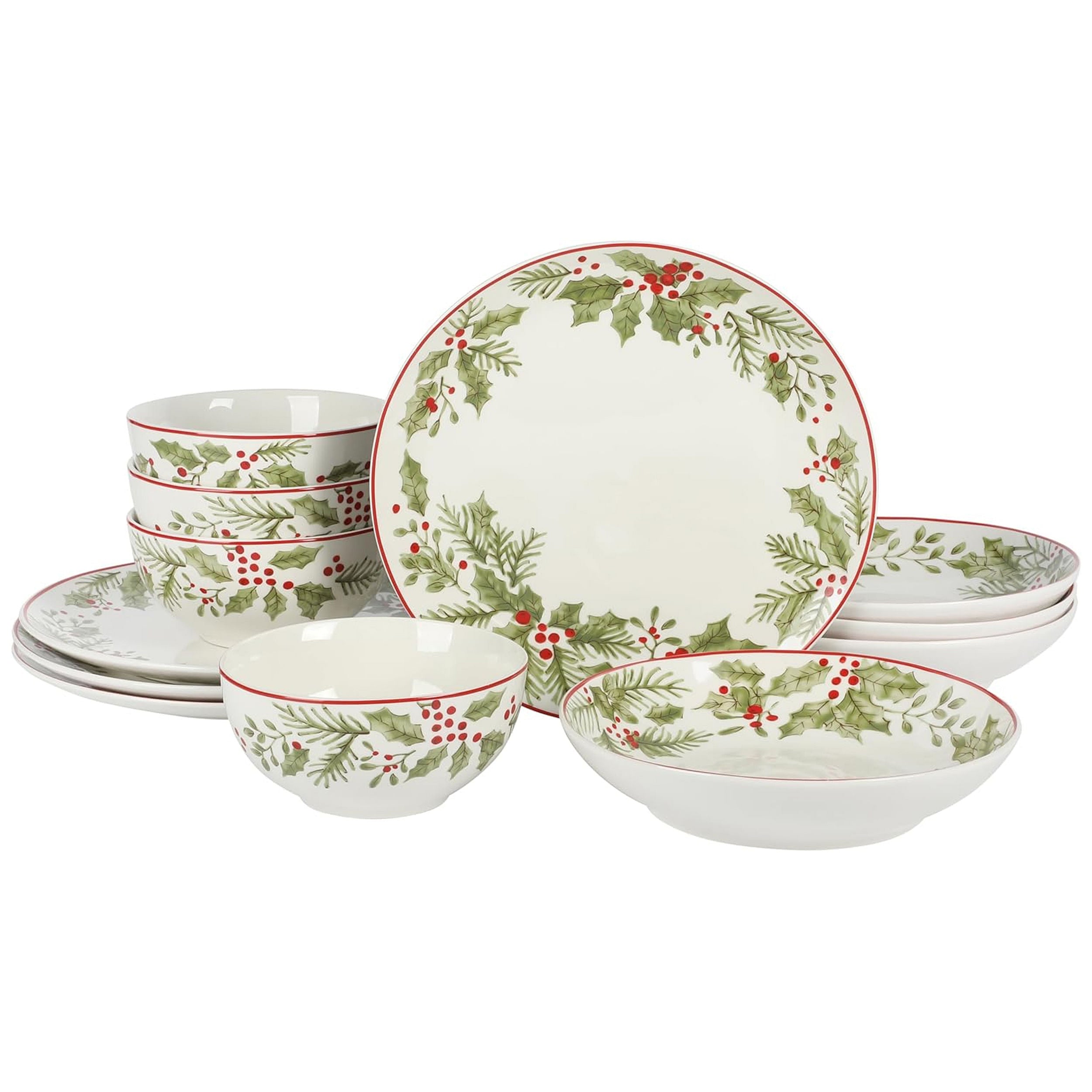 Gibson Home Festive Berries 12 Piece Double Bowl Fine Ceramic Dinnerware Set in White - Free Shipping