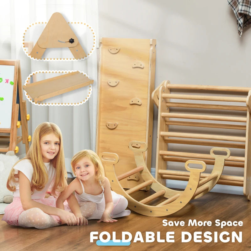 Qaba 5 in 1 Pikler Triangle Set with Ladder, Ramp, Arch, for 18-48 months, Nature Wood