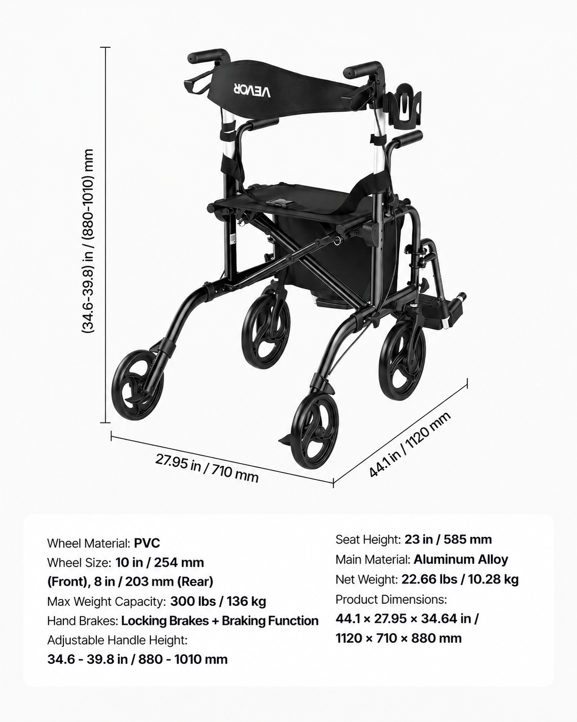 2-in-1 Rollator Walker & Transport Chair – Foldable Aluminum Mobility Aid with Seat, Cup Holder & Cane Holder