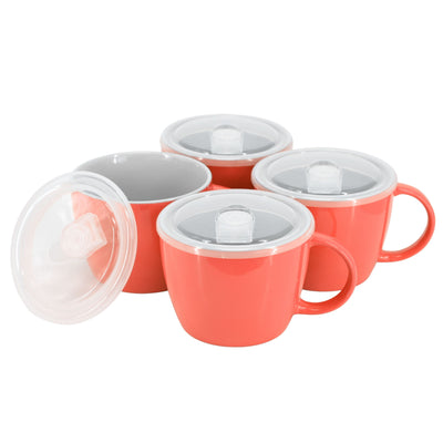 Gibson Home On The Go 4 Piece 25 Ounce Stoneware Soup Cup Set with Lid in Red - Free Shipping 