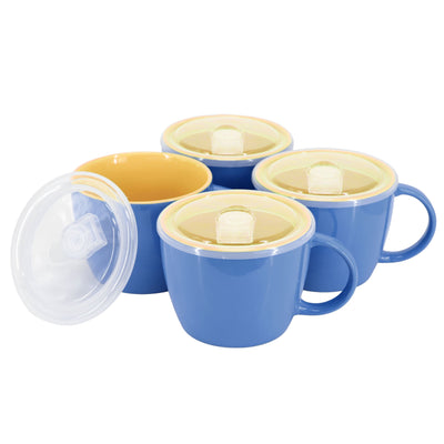 Gibson Home On The Go 4 Piece 25 Ounce Stoneware Soup Cup Set with Lid in Blue - Free Shipping 