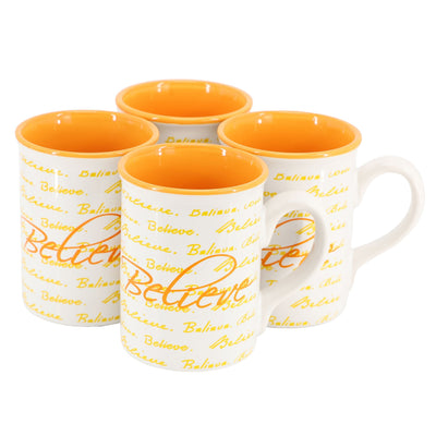 Gibson Home Inspirational Words Believe 4 Piece 16 Ounce Stoneware Mug Set in Orange - Free Shipping 