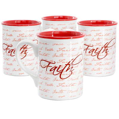 Gibson Home Inspirational Words Faith 4 Piece 16 Ounce Stoneware Mug Set in Red - Free Shipping 