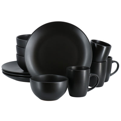 Gibson Home Everyday Plus 12 Piece Round Stoneware Dinnerware Set in Black - Free Shipping 