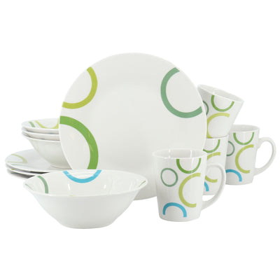 Gibson Home Green Loops 12 Piece Round Fine Ceramic Dinnerware Set in White - Free Shipping 