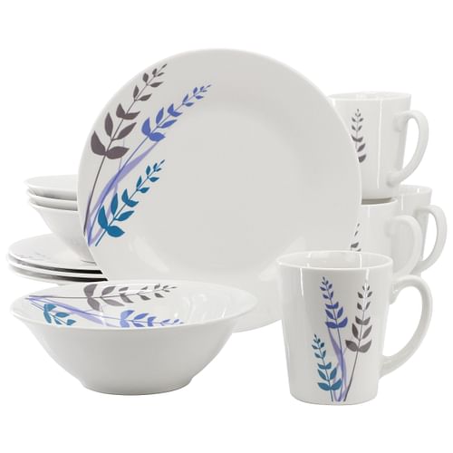 Gibson Home Blue Leaves 12 Piece Round Fine Ceramic Decorated Dinnerware Set in White - Free Shipping