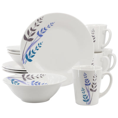 Gibson Home Blue Leaves 12 Piece Round Fine Ceramic Decorated Dinnerware Set in White - Free Shipping 