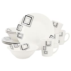 Gibson Home Black Squares 12 Piece Round Fine Ceramic Dinnerware Set in White - Free Shipping