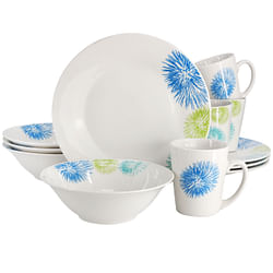 Gibson Home Blue Meadow 12 Piece Fine Ceramic Dinnerware Set in White with Colored Accents - Free Shipping 