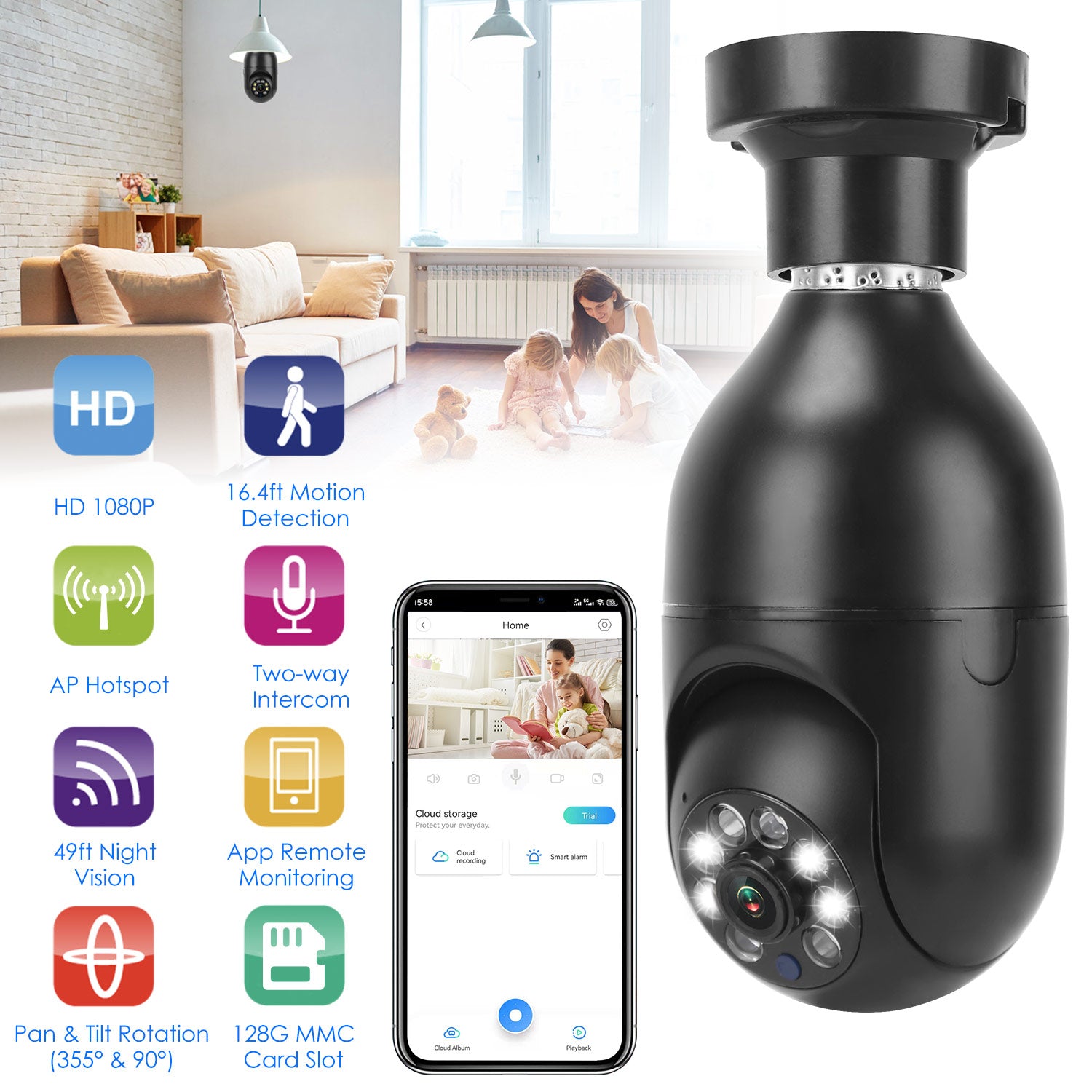 E27 WiFi Bulb Camera 1080P FHD WiFi IP Pan Tilt Security Surveillance Camera with Two-Way Audio Night Vision Motion Detection Function APP Control