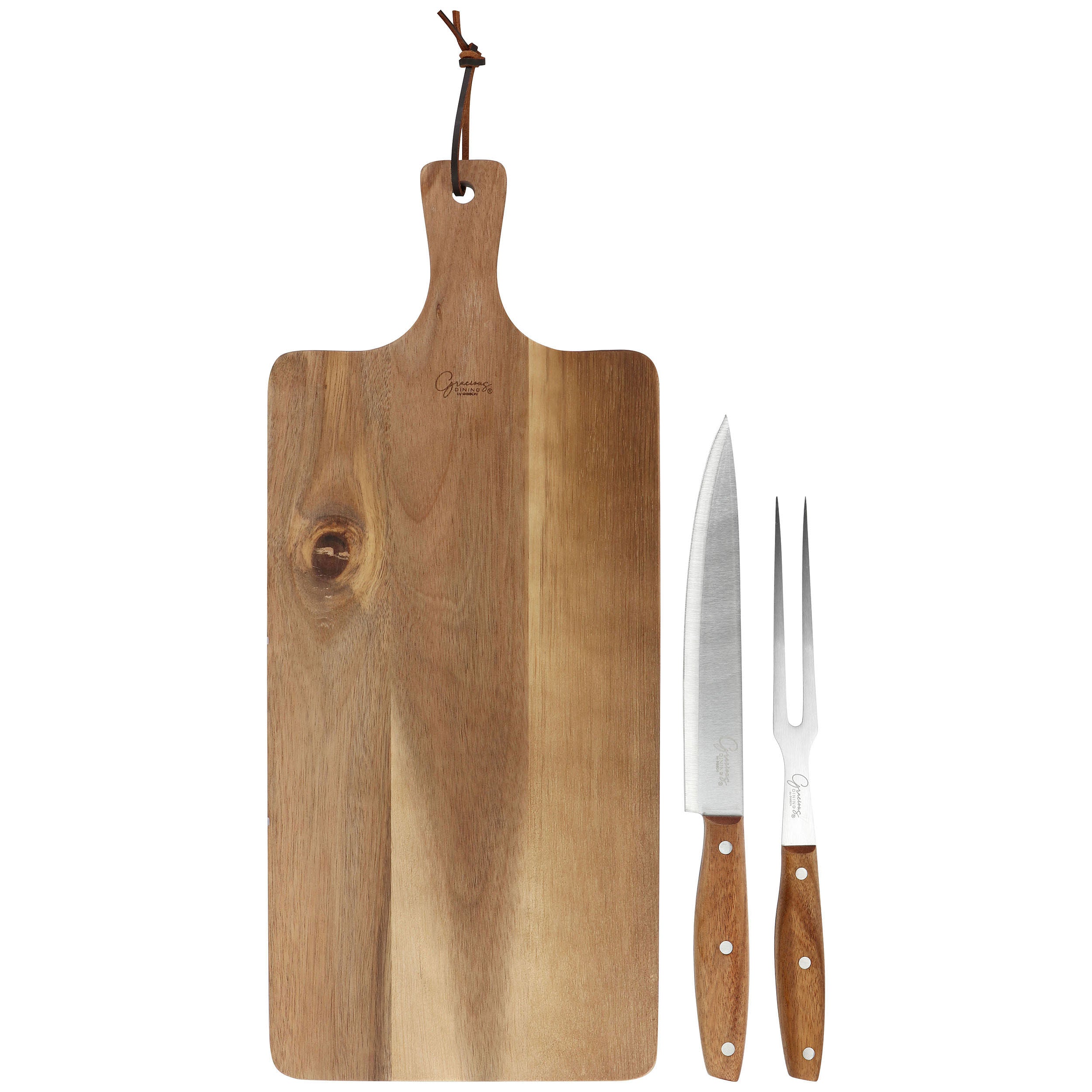 Gibson Elite 3 Piece Acacia Wood Serving Board with Carving Knife and Fork in Brown - Free Shipping 