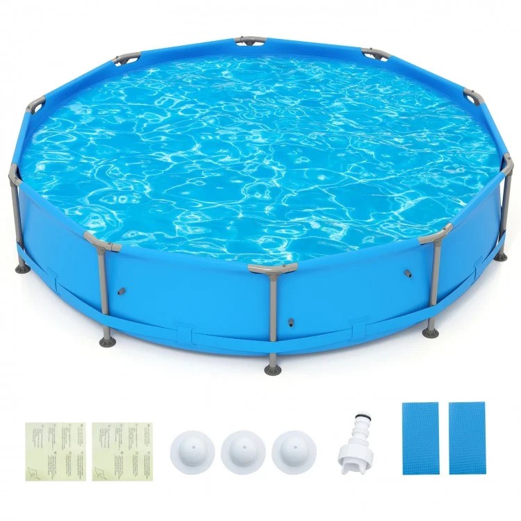 1617 Gallon Outdoor Family Swimming Pool with Metal Frame – 12 ft Above Ground Backyard Pool (Blue/Gray)