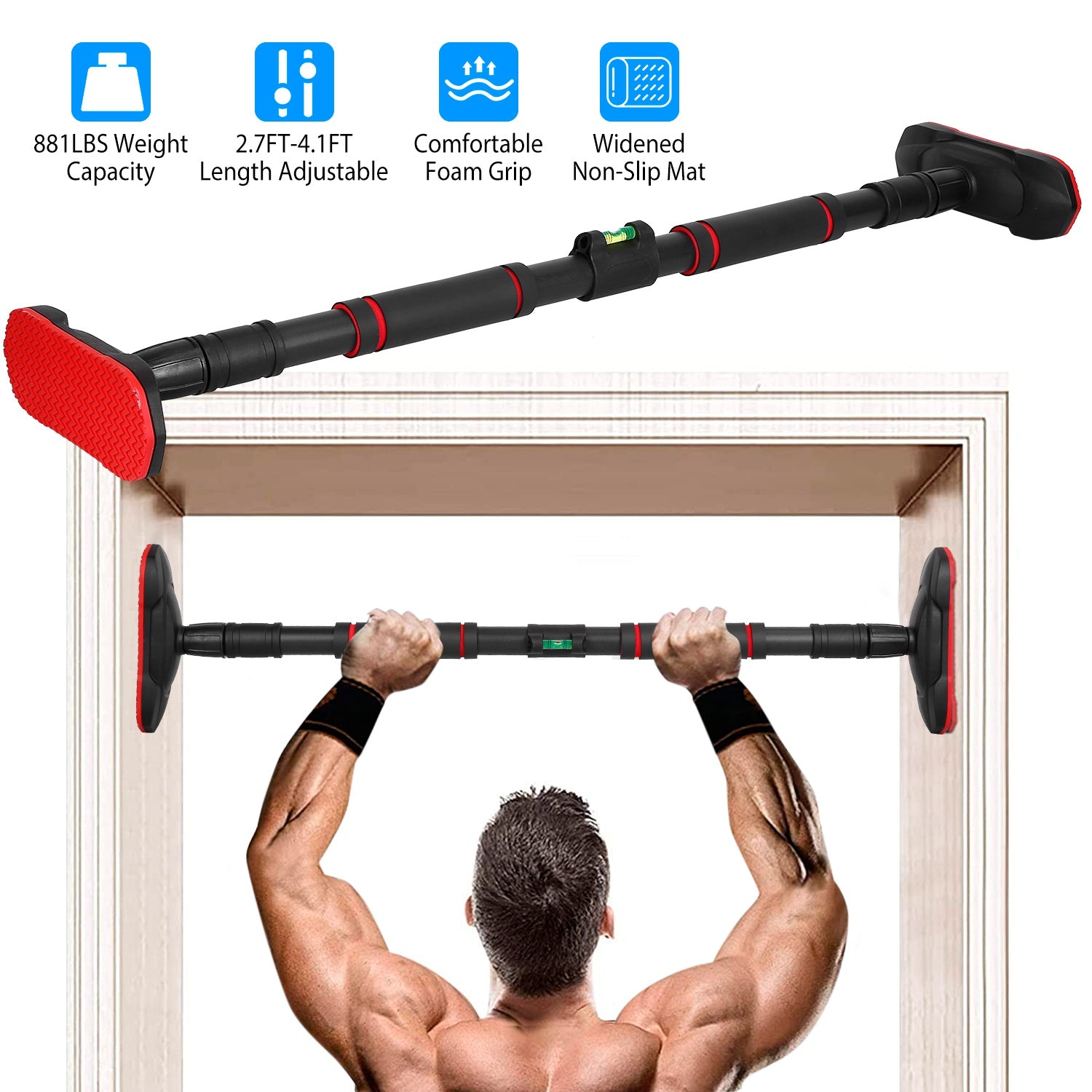 Doorway Pull Up Bar Heavy Duty Body Workout Strength Training Chin Up Bar with Foam Grips Level Meter 881LBS Weight Capacity 2.7FT-4.1FT Adjustable Ho