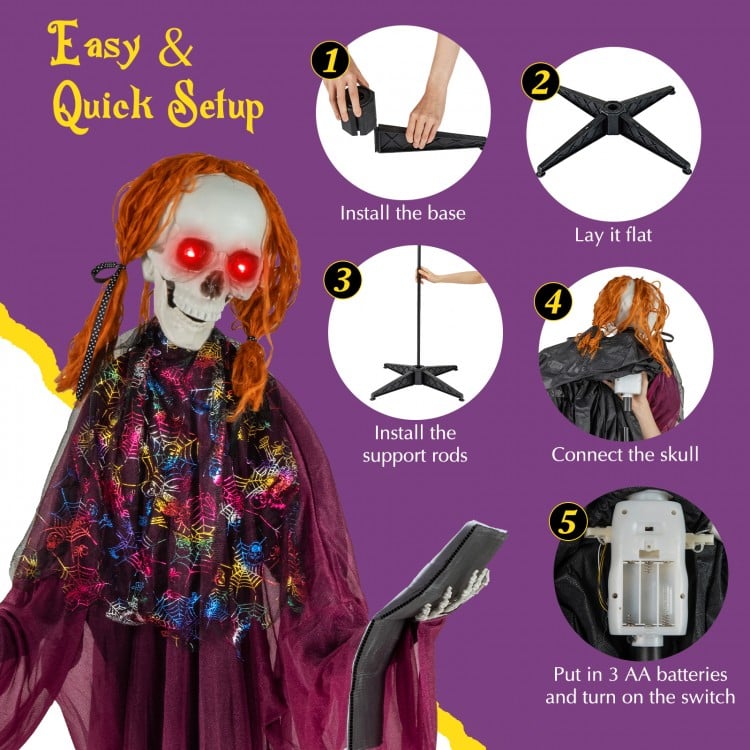 6 Feet Halloween Animatronic Standing Girl Holding Book with Sound-Activated Light-up Eyes and Moving Arms & Head