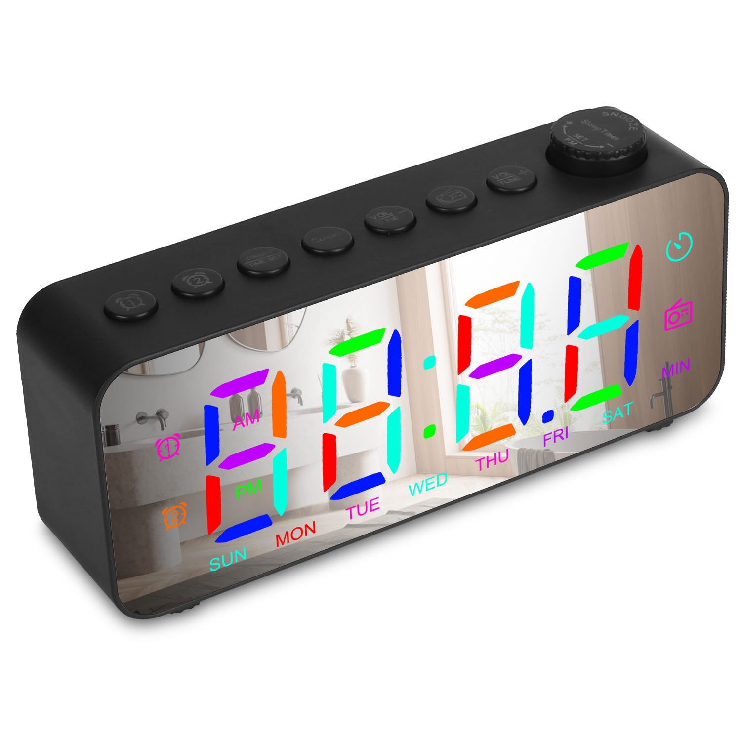 RGB Color LED Digital Alarm Clock Electric Alarm Clock with 8 Alarm Sounds 8 Font Colors 16 Adjustable Volumes 5 Dimmer Modes 3 Alarm Settings Mirror