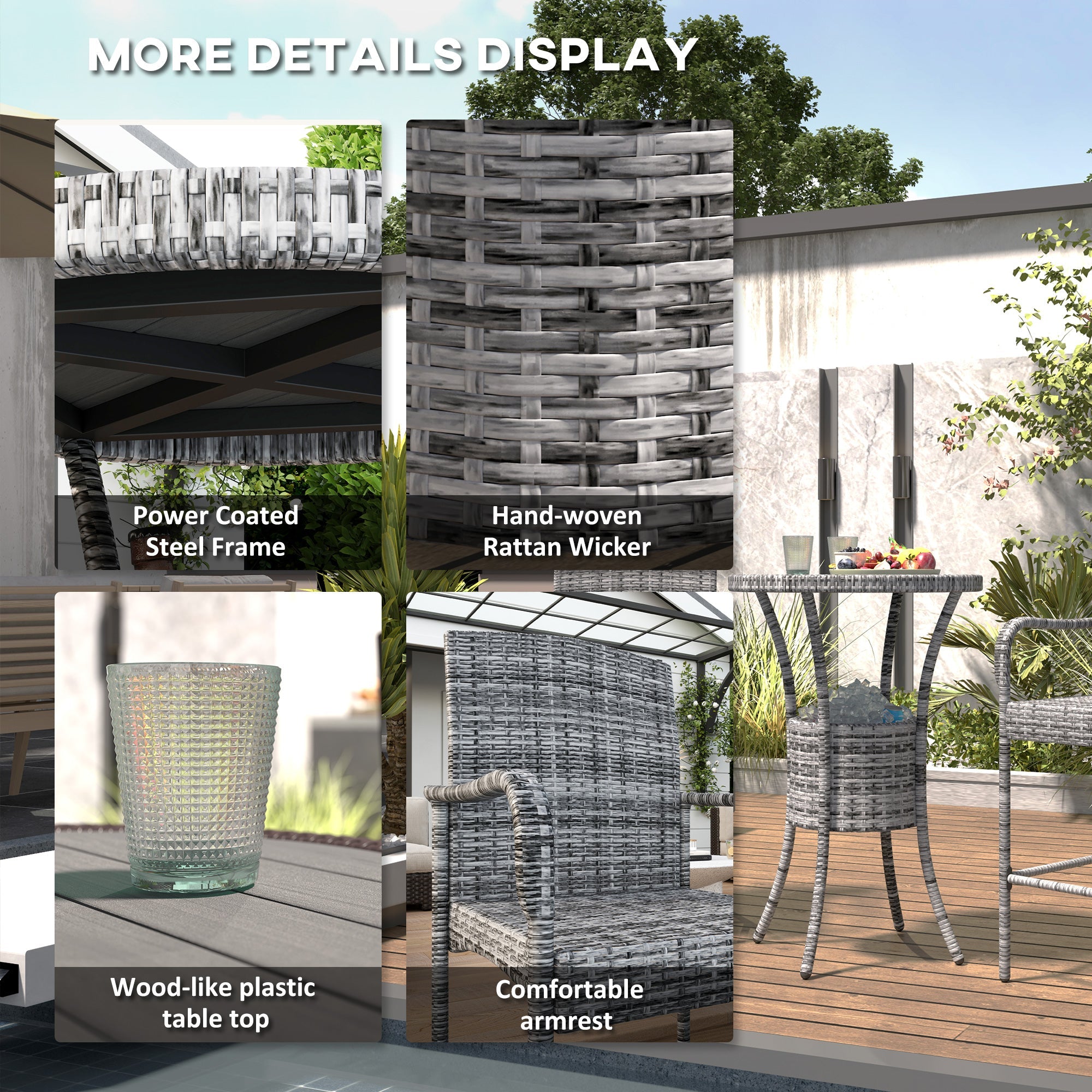 Outsunny 3 Pieces Patio Bar Set, Rattan Bistro Table and Chairs, Outdoor Conversation Furniture Set with Ice Bucket, Mixed Grey 