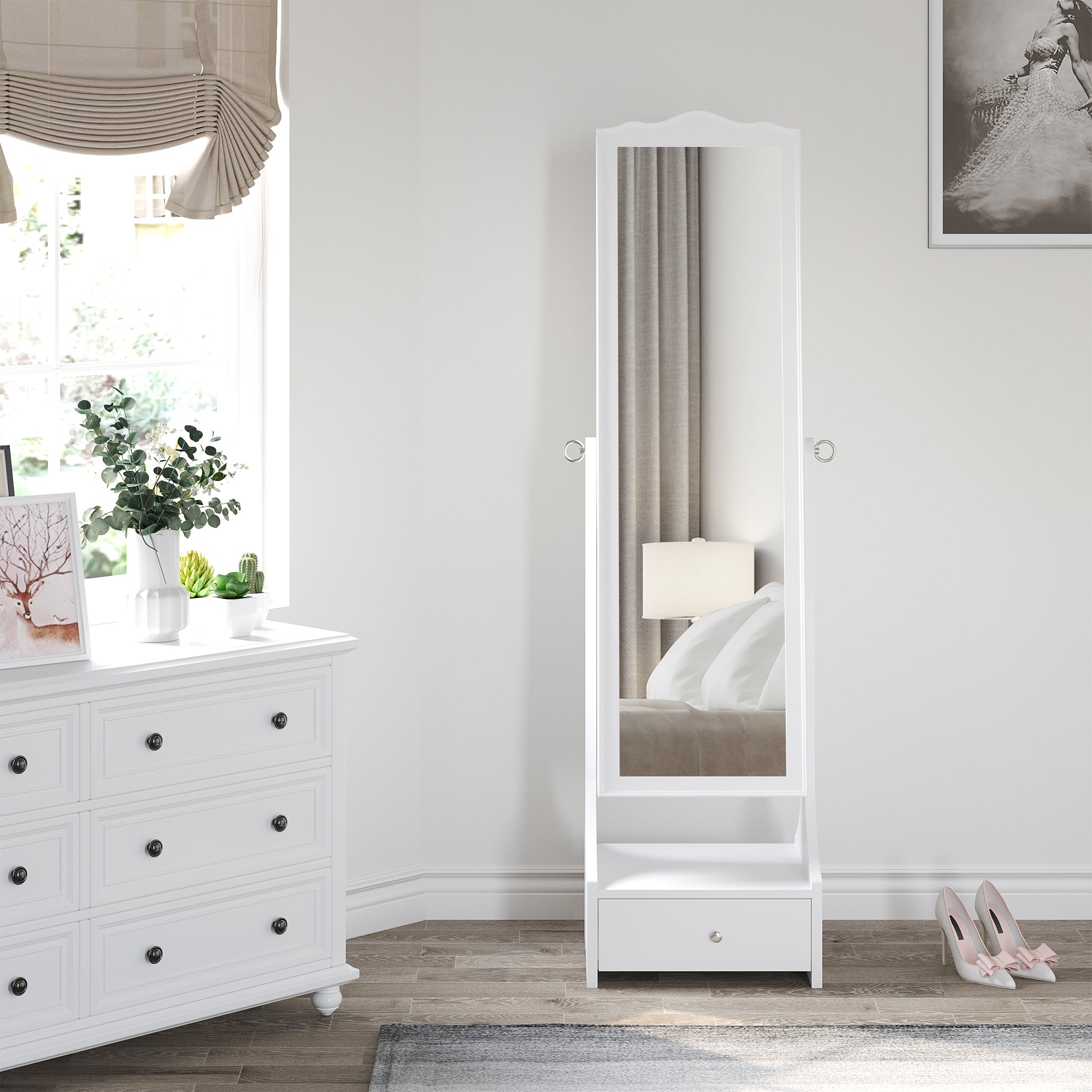 HOMCOM Standing Jewelry Armoire: With LED Lights, Full-Length Mirror, Adjustable Angle, White 