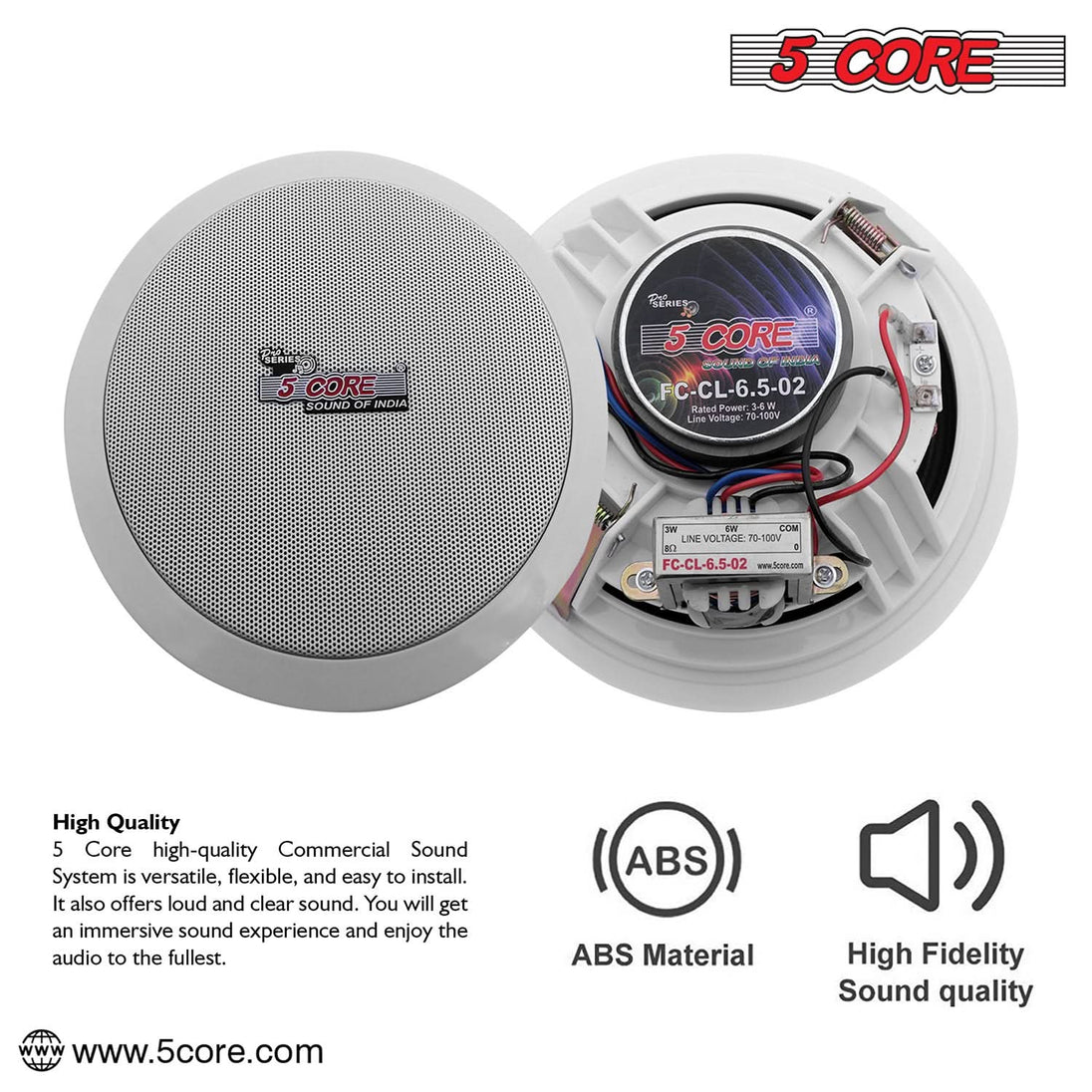 5Core Ceiling Speaker 6.5 Inch In Wall 2 Way Home Audio Mount 60W Sound System