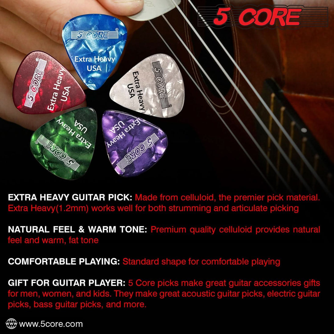 5Core Guitar Picks 1.2mm Celluloid Extra Heavy Gauge Pick - Acoustic Electric Bass Guitars GREEN