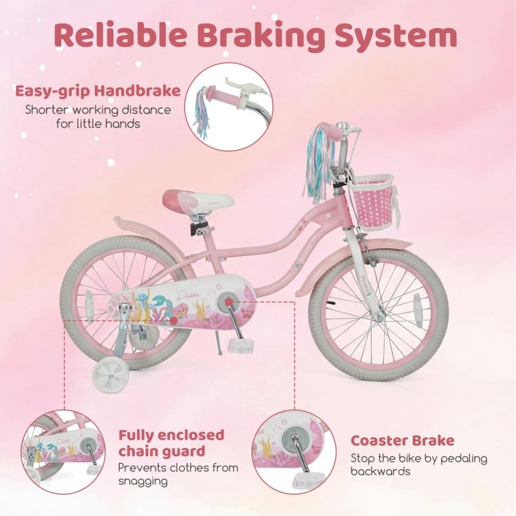 18-Inch Kids Bike Adjustable with Basket and Streamers Pink - Princess of the Sea Theme