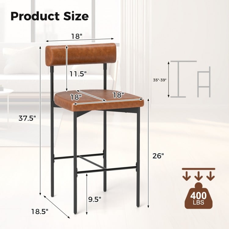 26 Inch Upholstered Bar Stools Set of 2 Counter Height Bar Chairs with  Backrest-Brown
