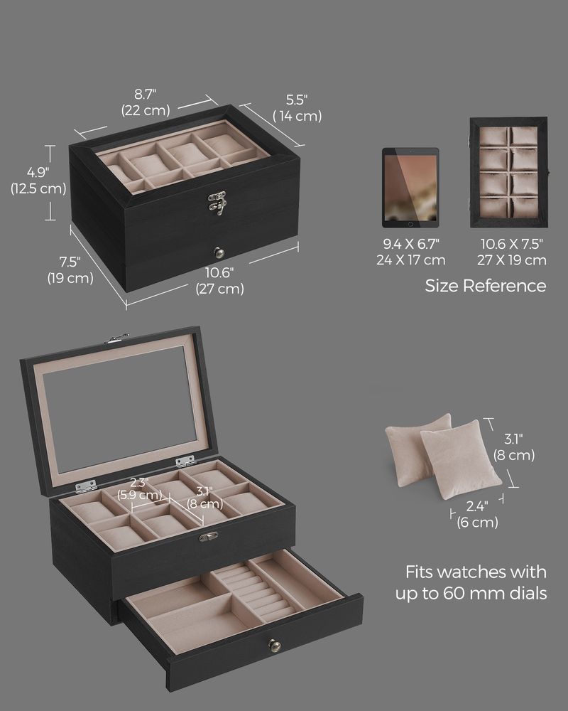 SONGMICS 8 & 12-Slot Watch Box with Large Glass Lid 