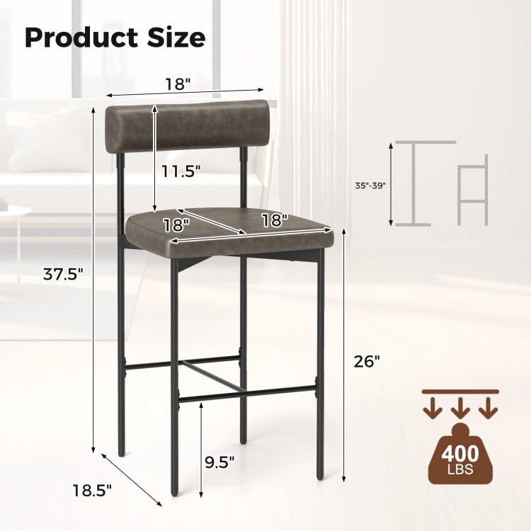 26 Inch Upholstered Bar Stools Set of 2 Counter Height Bar Chairs with  Backrest-Gray