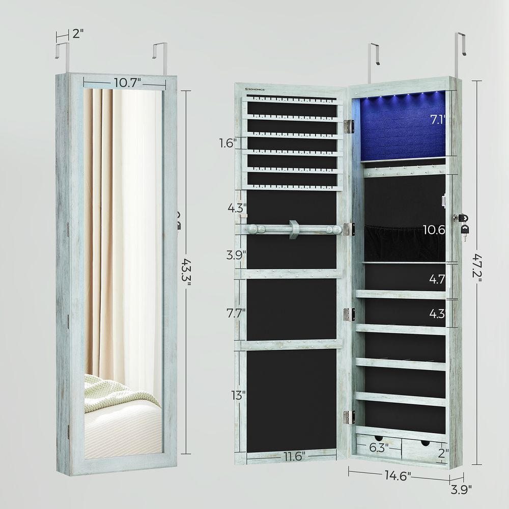 SONGMICS Lockable Wall or Door Mounted Jewelry Armoire Organizer with Mirror 
