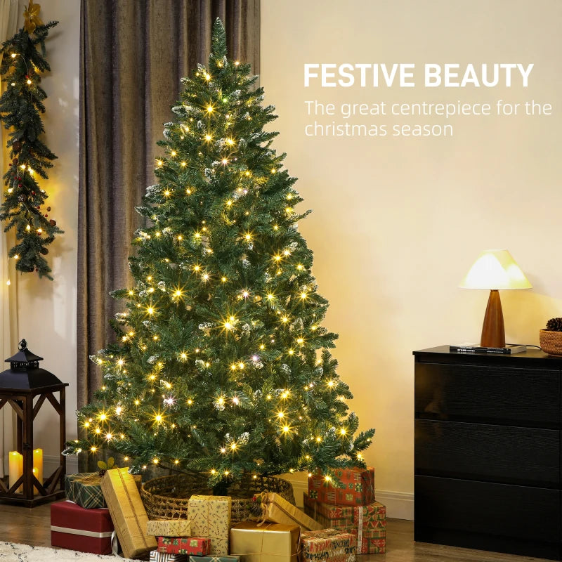 HOMCOM 6ft Frosted Pre-Lit Christmas Tree – Full Spruce with Dual Colour LED Lights, Hinged Design, Easy Assembly 