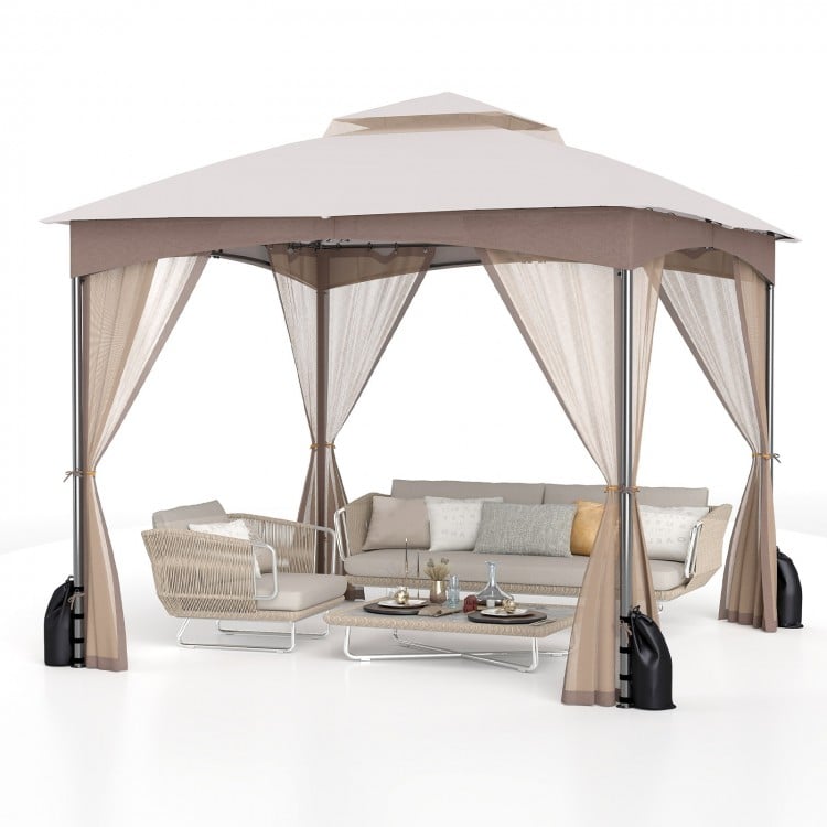 10 X 10 FT Heavy-Duty Patio Gazebo with Netting Walls and 4 Sandbags-Khaki
