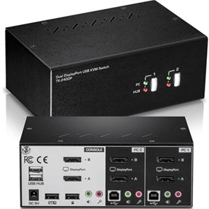 TRENDnet 2-Port Dual Monitor DisplayPort KVM Switch With Audio, 2-Port USB 2.0 Hub, 4K UHD Resolutions Up To 3840 x 2160, Connect Two DisplayPort Monitors, Dual Monitor KVM Switch, Black, TK-240DP 