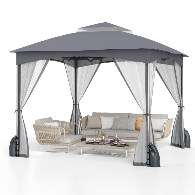 10 X 10 FT Heavy-Duty Patio Gazebo with Netting Walls and 4 Sandbags-Gray
