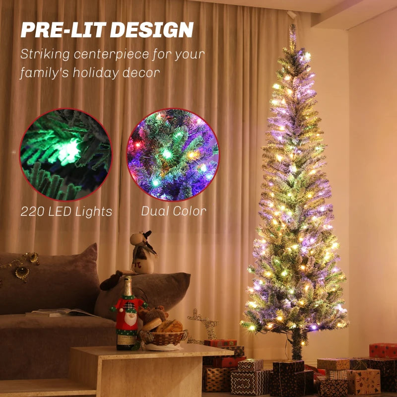 HOMCOM 6FT Prelit Pencil Christmas Tree with Remote, Slim Artificial Flocked Xmas Tree with Dual-Colour LED Lights, 429 Tips & Metal Stand 