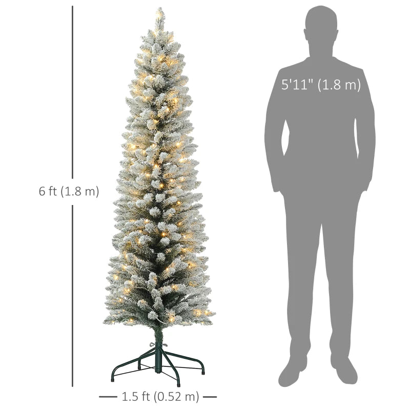 HOMCOM 5FT Prelit Pencil Christmas Tree with Warm White LED Lights, Slim Artificial Snow Flocked Xmas Tree with Metal Base 
