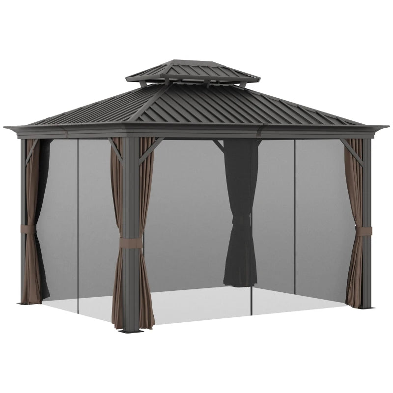 Outsunny 10' x 12' Outdoor Hardtop Gazebo with Galvanized Steel Canopy & Netting Sidewalls for Lawn, Backyard, Brown