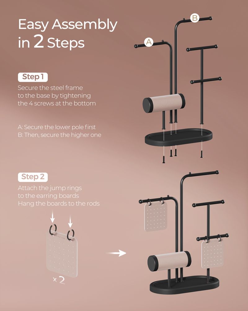 SONGMICS Jewelry Stand with Metal Frame, 2 Earring Boards, 4 Hanging Rods 