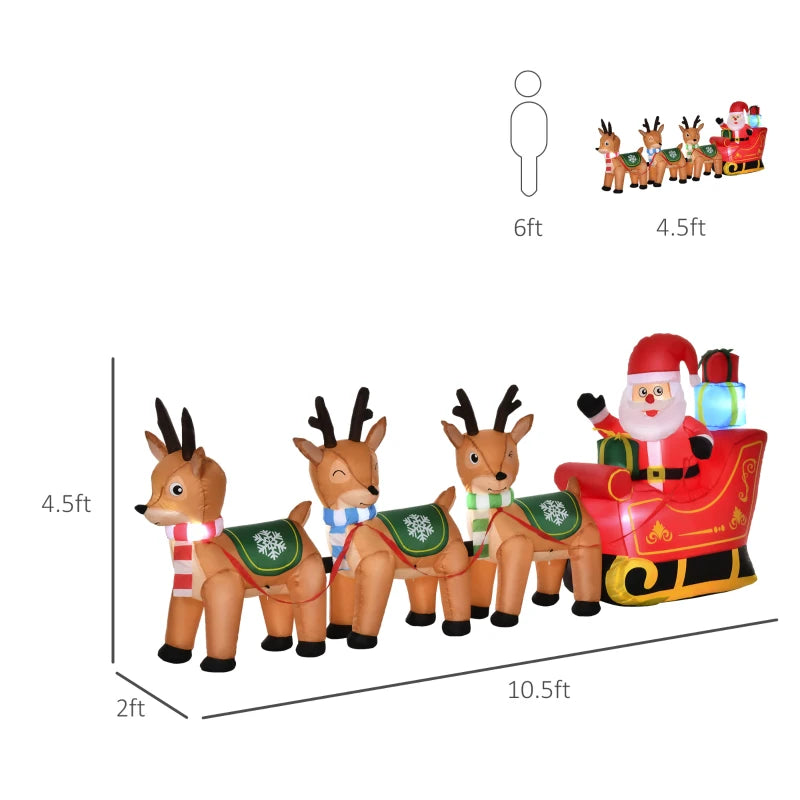 HOMCOM 4.5FT Inflatable Christmas Decoration with Santa Sleigh & 3 Reindeer, Outdoor Blow Up with LED Lights 