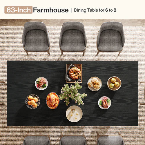 Dining Table 63" Rectangular Farmhouse Kitchen Table for 6-8 People with Geometric Legs Modern MDF Construction Black Finish for Dining Room