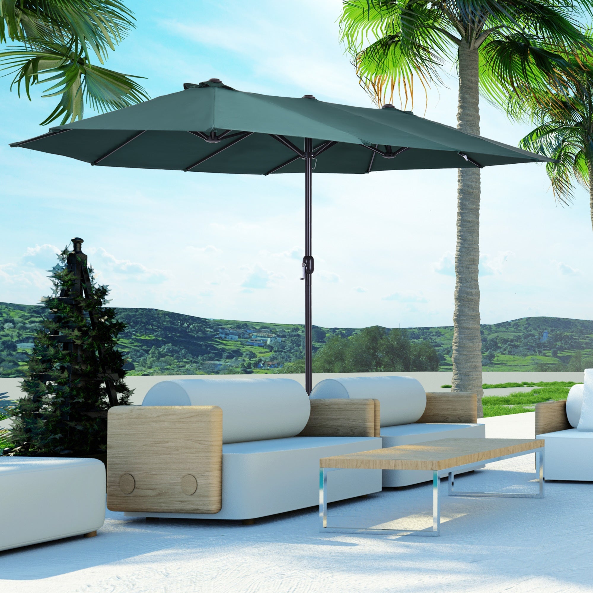 Outsunny 15' Outdoor Patio Umbrella with Twin Canopy Sunshade Steel Table Umbrella with Lift Crank Dark Green 