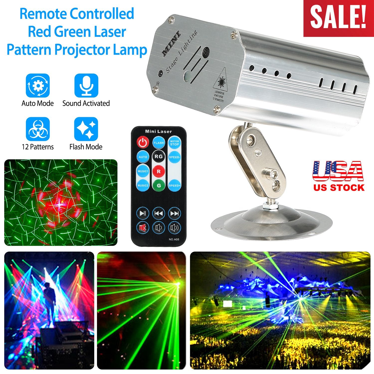 Sound Activated LED Projector Laser Patterns Laser Party Lights Disco Bar Music Strobe Lights