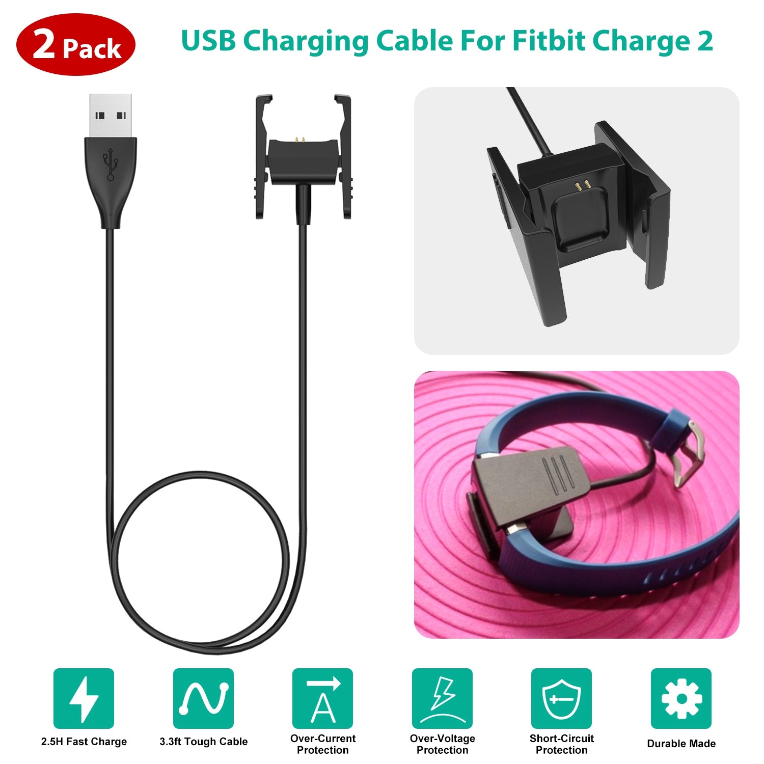 2 Pcs USB Chargers Charging Cable for Fitbit Charge 2 Replacement