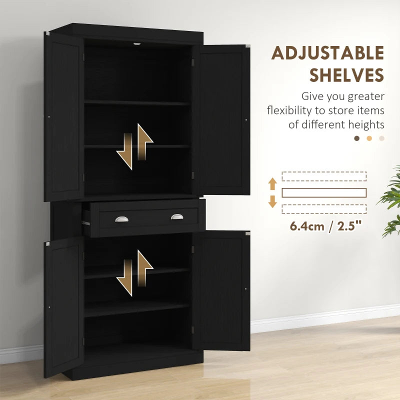 72" Tall Pantry Cabinet, Kitchen Storage Cabinet with 4 Doors, Drawer and 2 Adjustable Shelves, Black Wood Grain