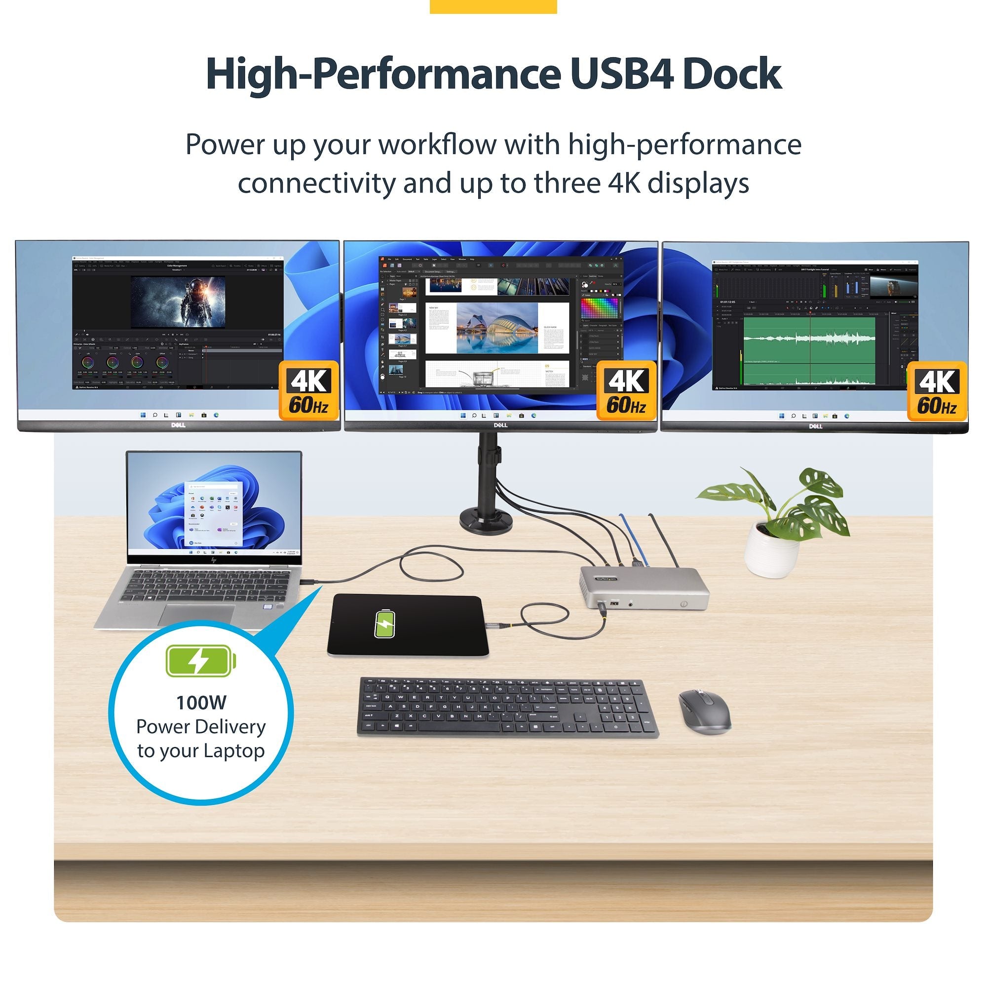 Triple-Monitor USB4 Docking Station, 4K 60Hz HDMI or DisplayPort, 100W Laptop Charging, 2.5GbE, USB-C Multi-Monitor Dock, Driverless 