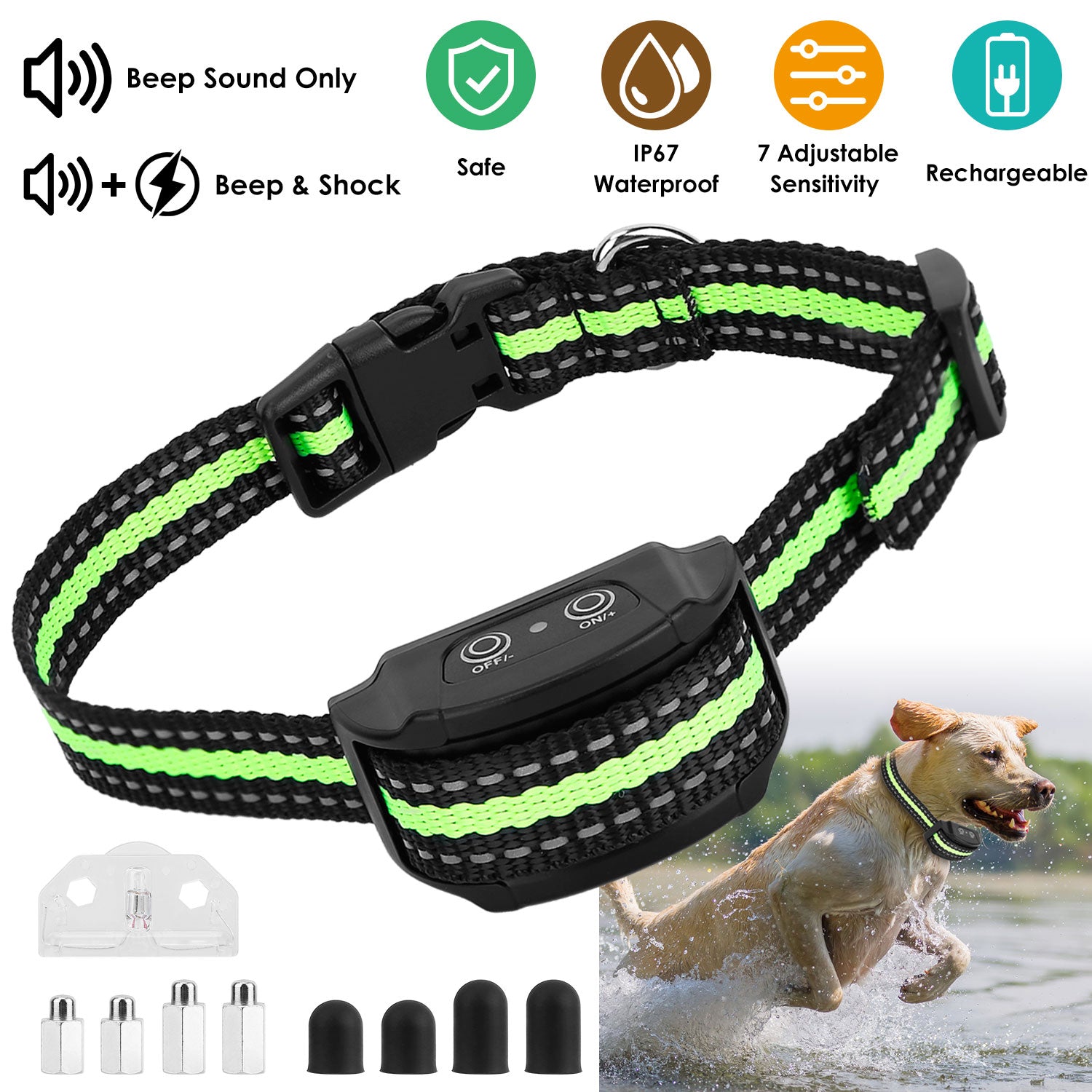 Anti-Bark Dog Collar IP67 Waterproof Beep Electric Shock Rechargeable Pet Training Device w/ 7 Adjustable Sensitivity 