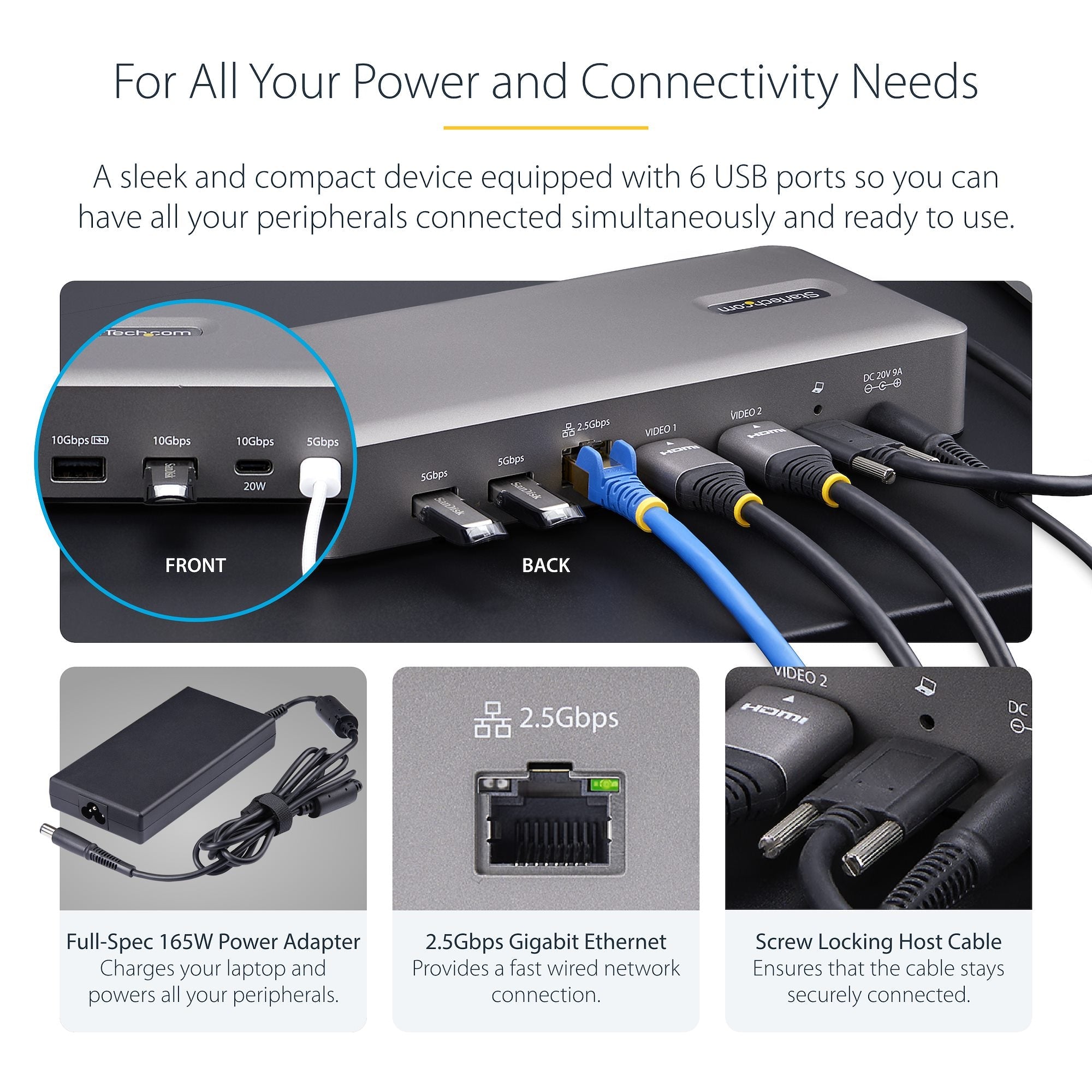 USB4 Docking Station, USB-C 40Gbps, Dual Video HDMI, Up to 2x 4K 60Hz 4:4:4 (RGB) or 2x 4K 120Hz 4:2:2, Multi-Monitor Dock, 6x USB, 2.5GbE, 100W PD 