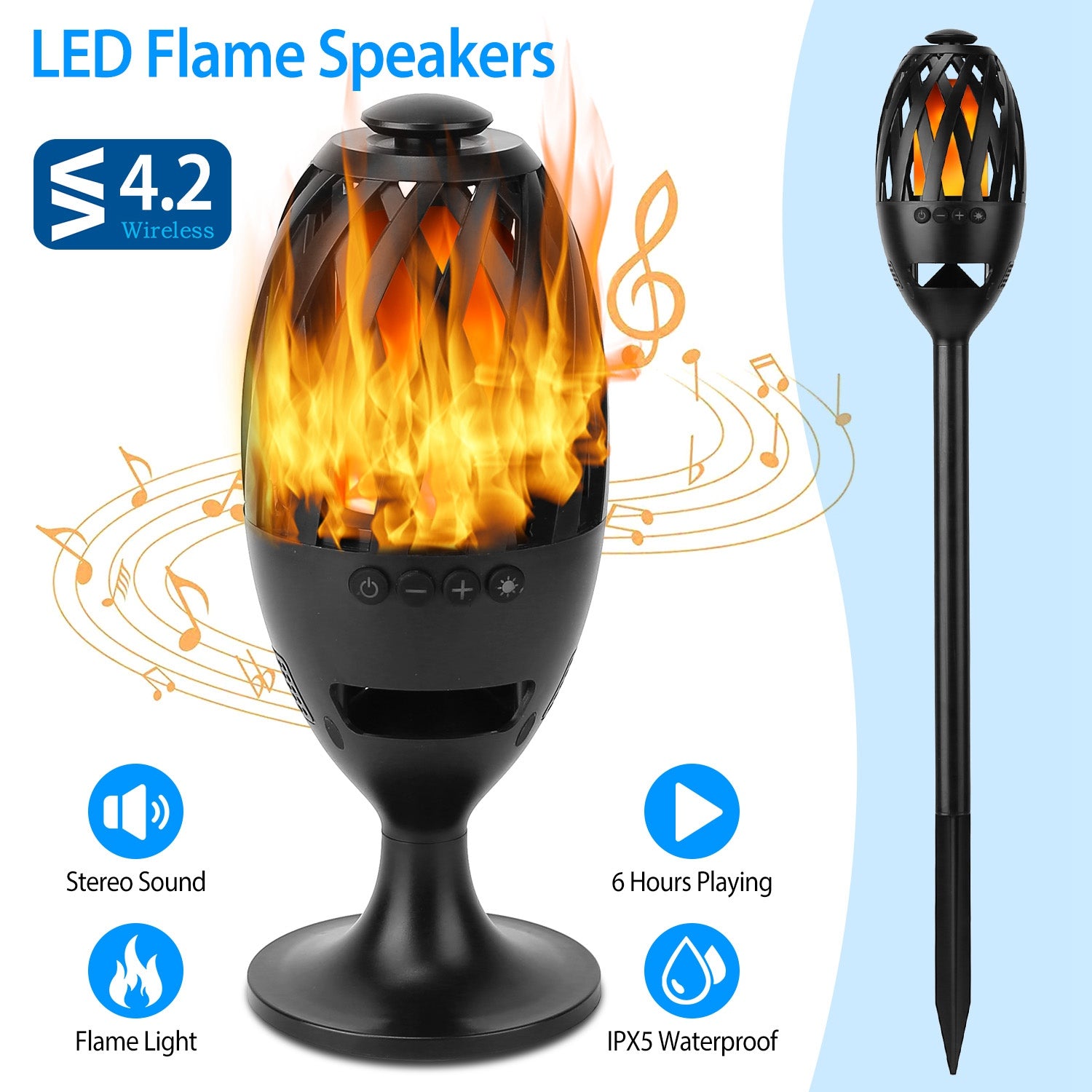 LED Flame Speakers Torch Wireless Speaker Waterproof Stereo Bass Speaker Outdoor Light-Up Speaker Atmosphere LED Flickers Night Light Patio Stake Ligh