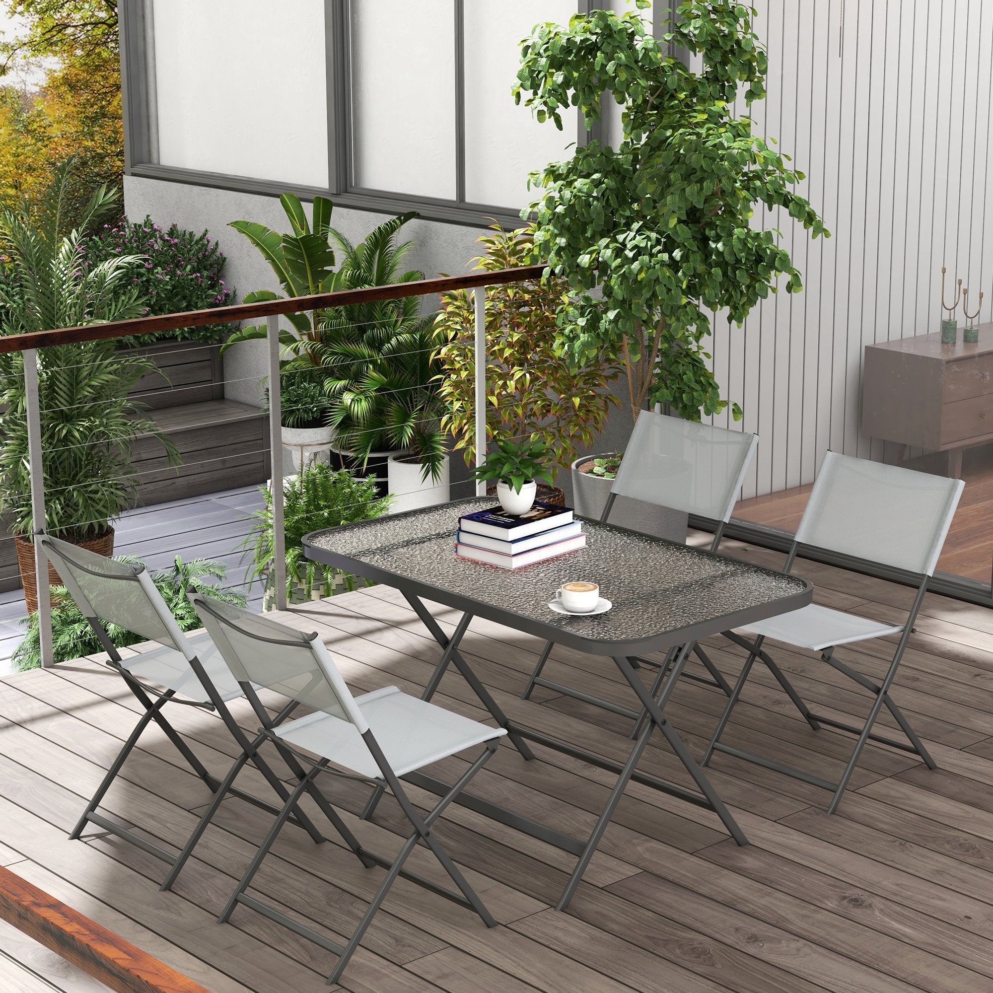 Outsunny Patio Dining Set 5 Pieces Foldable Table and Chairs Glass Top Rectangle Table Stackable Chairs Grey 