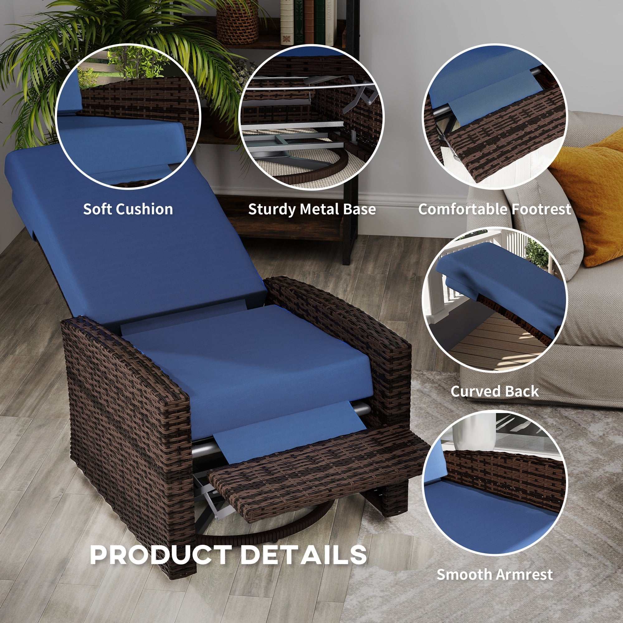 Outsunny Outdoor Rattan Wicker Lounge Chair with Footrest & Soft Cushion for Patio, Garden, Backyard, Dark Blue 